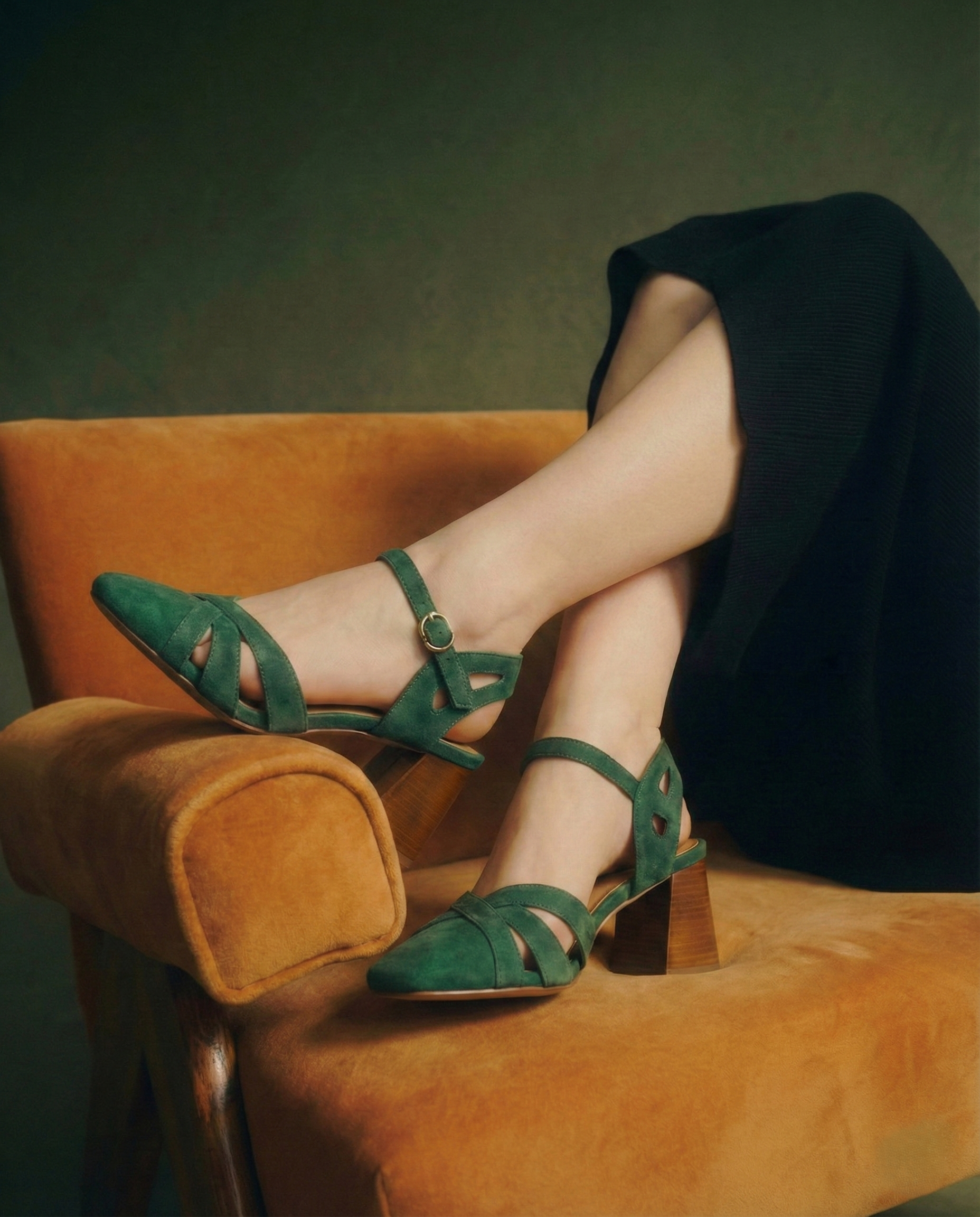 Open Sheepskin Pumps with Block Heel and Square Toe