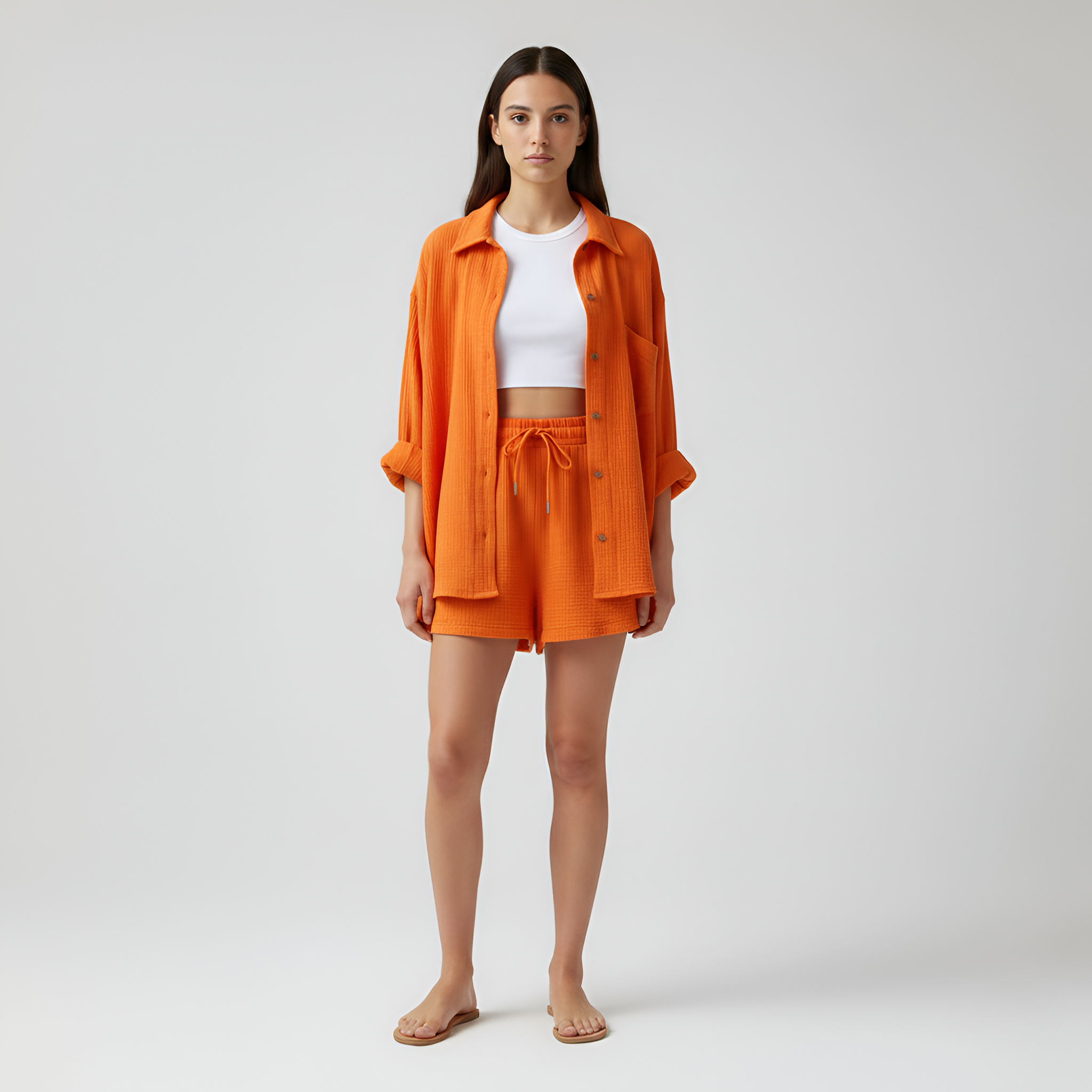 Ensemble Deux Pièces pour Femme avec Chemise à Col Rabattu et Short à Cordon