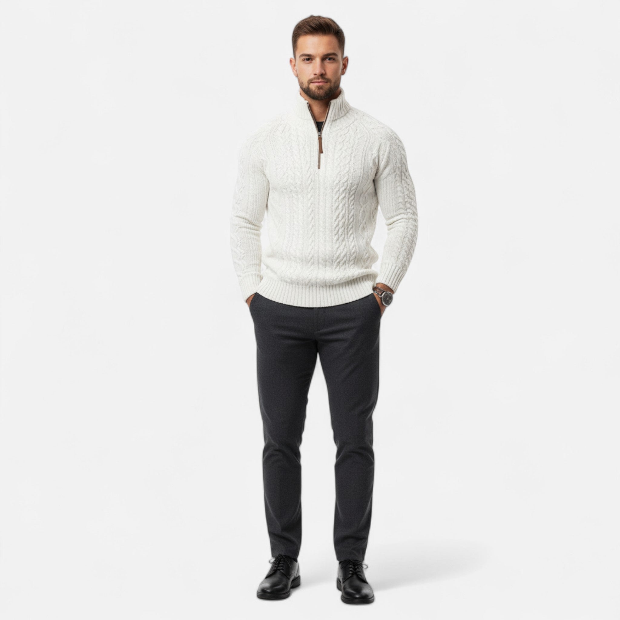 Velclairemode | Men's Half-Zip Cable Knit Sweater