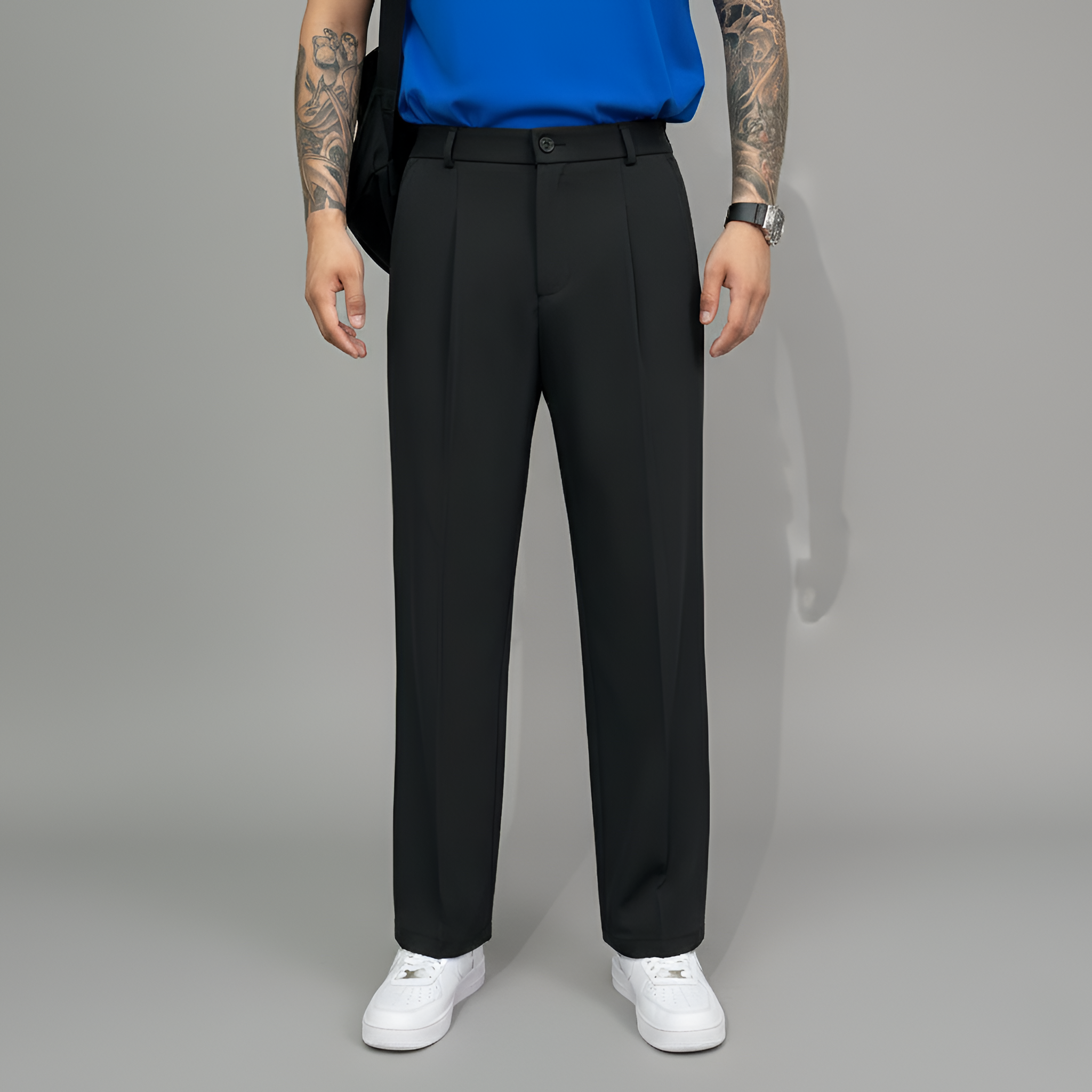 Pantalon de Costume pour Homme Coupe Droite à Taille Haute avec Fermeture Éclair