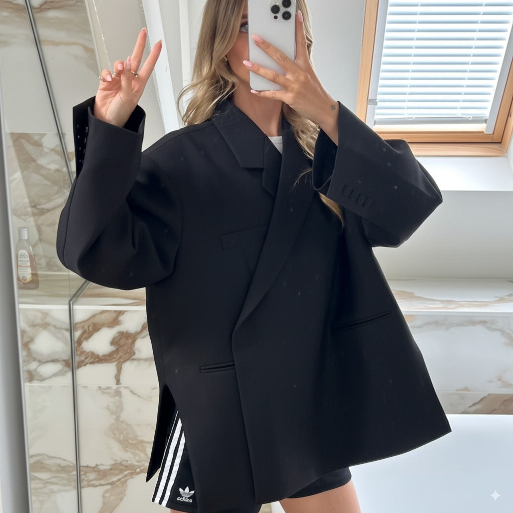Oversized Double-Breasted Blazer with Shoulder Pads and Side Slits for Women