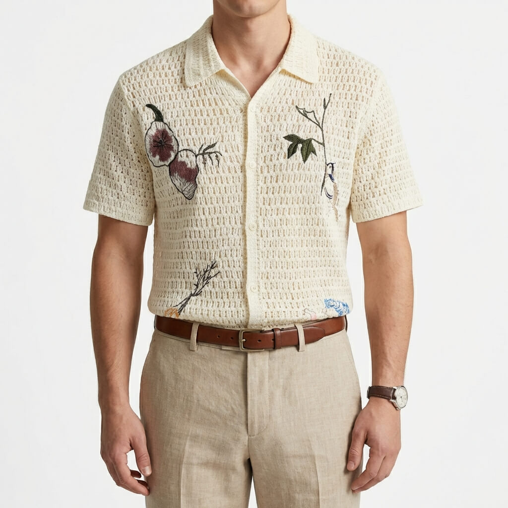 Pánské háčkované polo — květinová výšivka — dovolená outfit