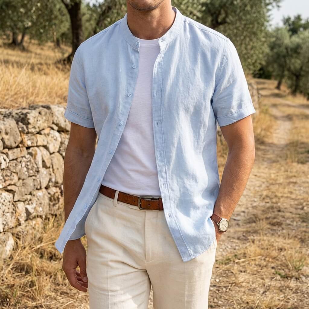 Chemise en lin homme — col officier manches courtes — tenue de plage