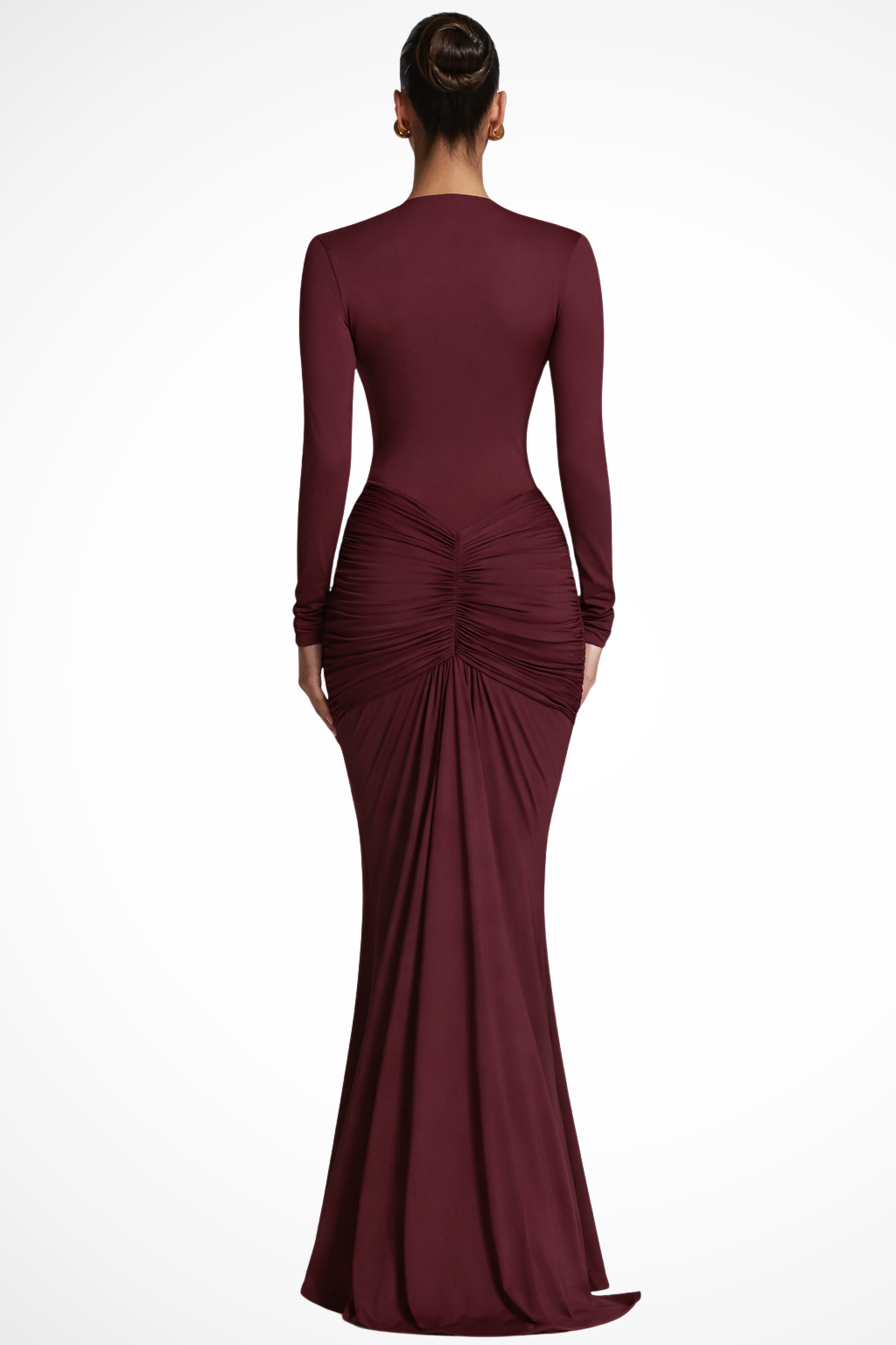 Long Ceremony Dress with Deep V-Neck and Sculpting Ruched Waist