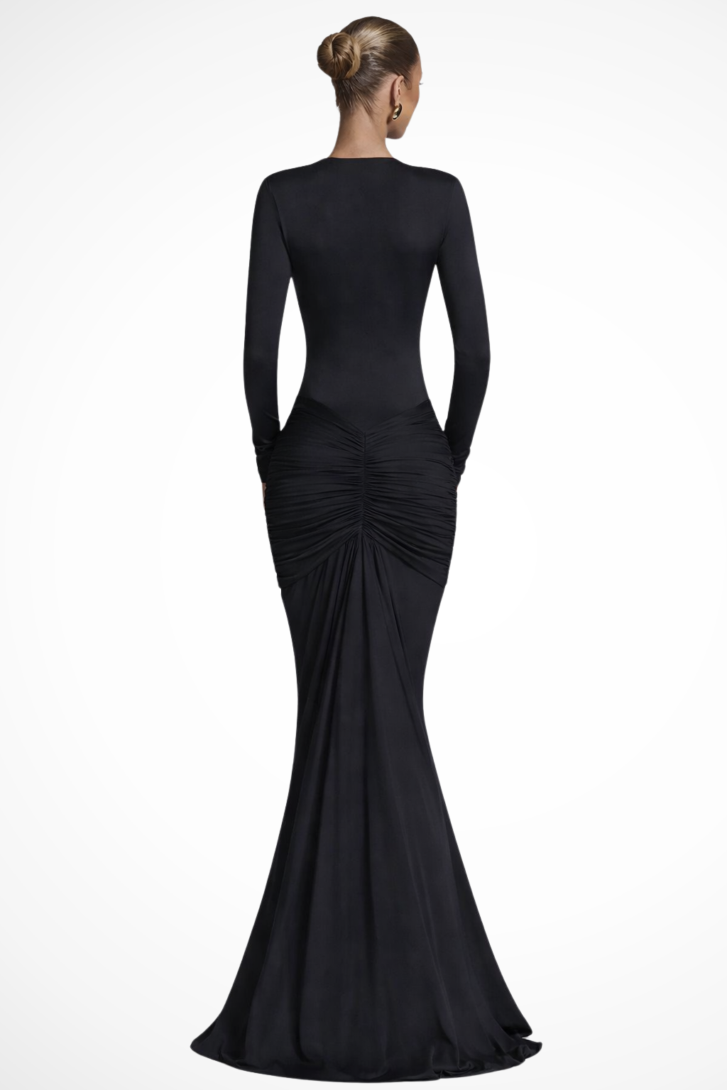 Long Ceremony Dress with Deep V-Neck and Sculpting Ruched Waist