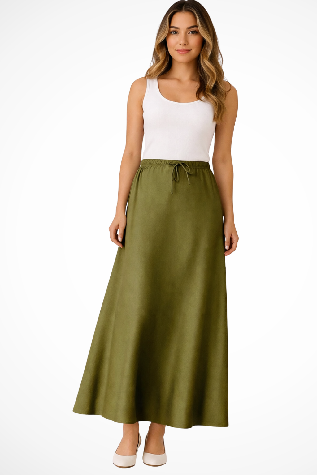 Jupe Longue en Satin à Taille Haute Froncée et Panneaux Superposés
