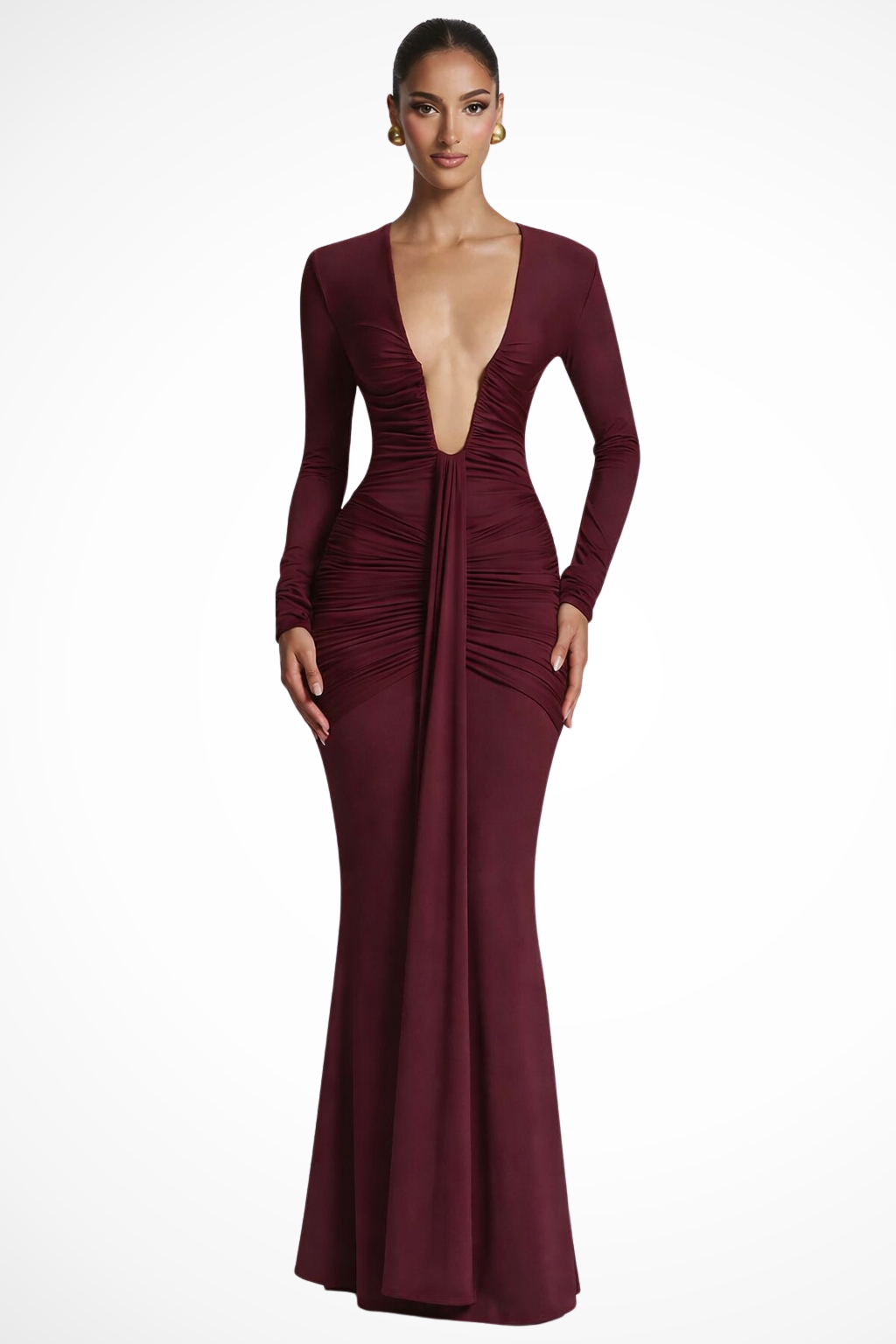 Long Ceremony Dress with Deep V-Neck and Sculpting Ruched Waist