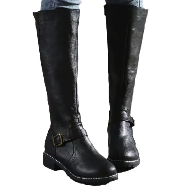Women's Tall Leather Office Boots with a Structured Silhouette, Buckle Details, and Side Zip