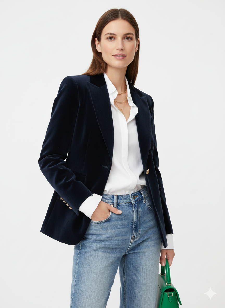 Blazer en velours à un bouton avec col à revers et coupe ajustée pour femme
