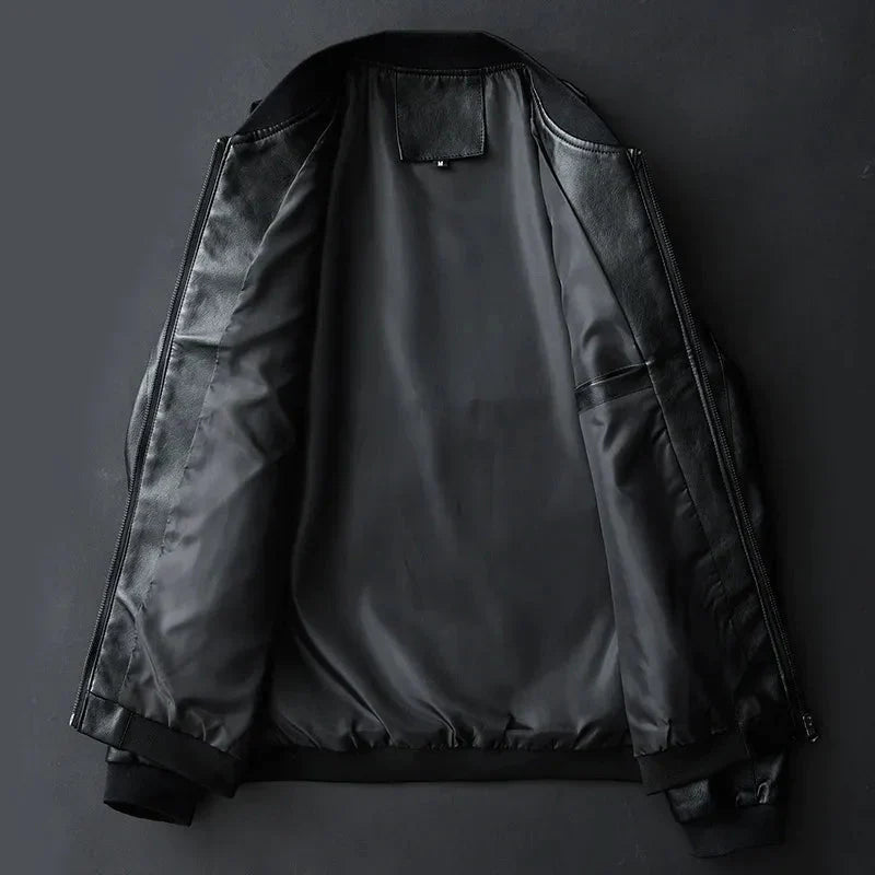 Giacca Bomber in Pelle PU da Uomo Taglio Slim con Cerniera e Collo Baseball