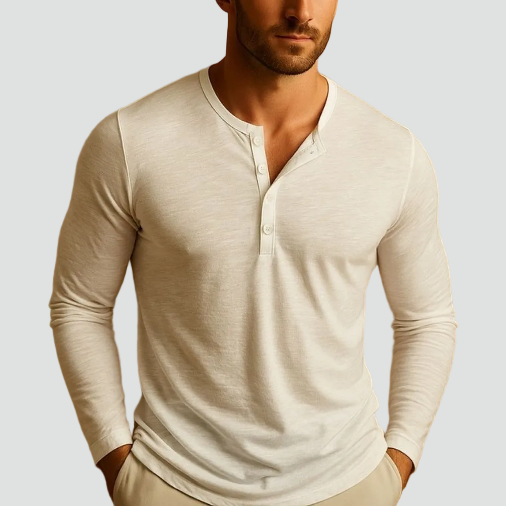 Henley da uomo in cotone per tutti i giorni, collo con bottoni, vestibilità aderente, maniche lunghe
