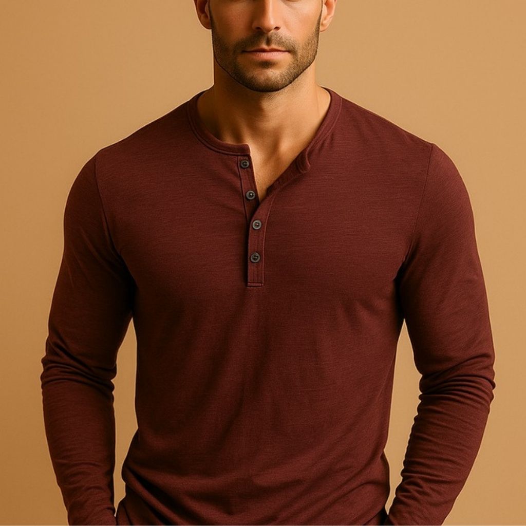 Henley da uomo in cotone per tutti i giorni, collo con bottoni, vestibilità aderente, maniche lunghe