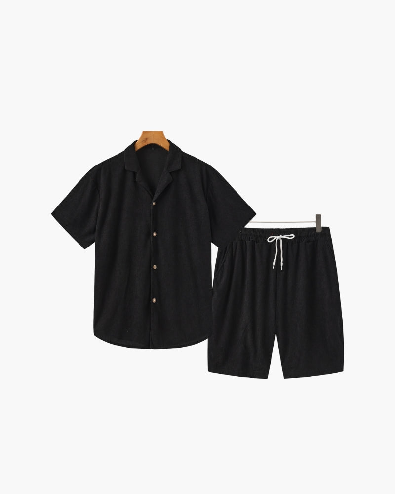 Completo Relax in Velluto a Coste da Uomo con Camicia e Pantaloncini Casual