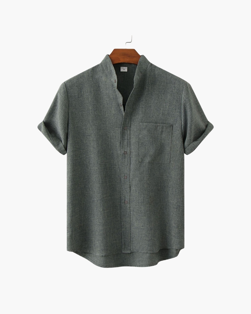 Chemise à Col Mandarin en Mélange de Coton pour Homme avec Manches Courtes