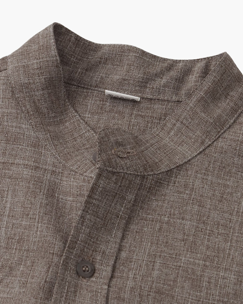 Chemise à Col Mandarin en Mélange de Coton pour Homme avec Manches Courtes