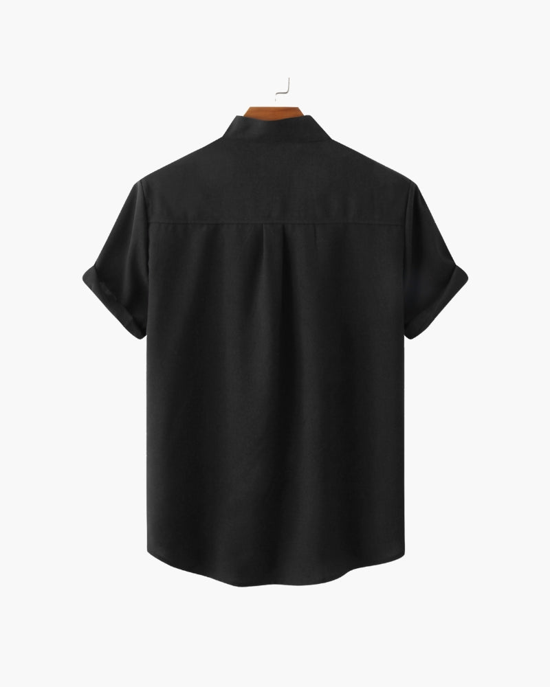 Chemise à Col Mandarin en Mélange de Coton pour Homme avec Manches Courtes