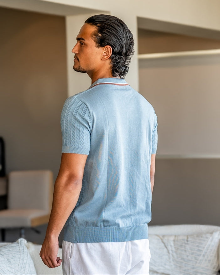 Polo en Maille à Manches Courtes pour Homme avec Col Contrasté et Texture Herringbone