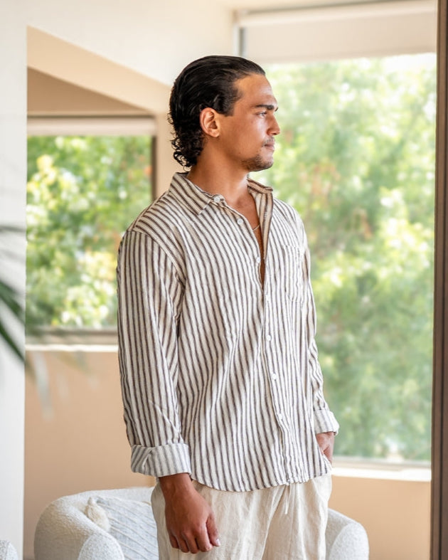 Chemise Rayée à Manches Longues en Coton Mélangé avec Poche Poitrine pour Homme