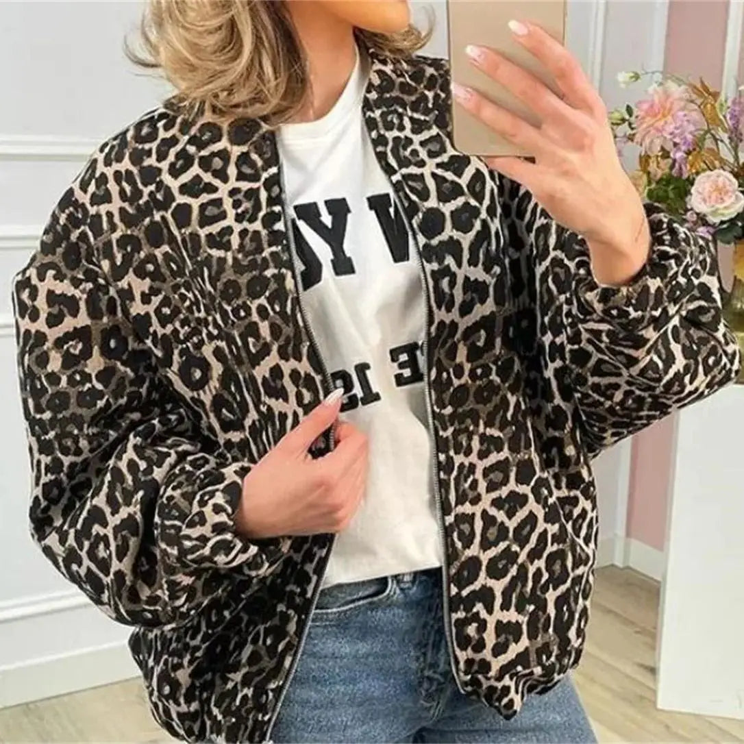 Bomber bunda s leopardím potiskem a zipem pro ženy