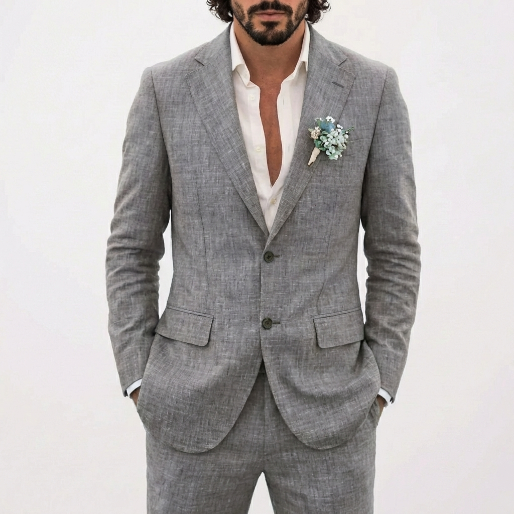 Costume deux pièces pour homme en lin avec blazer à boutonnage simple et revers