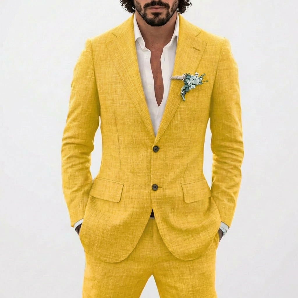 Costume deux pièces pour homme en lin avec blazer à boutonnage simple et revers