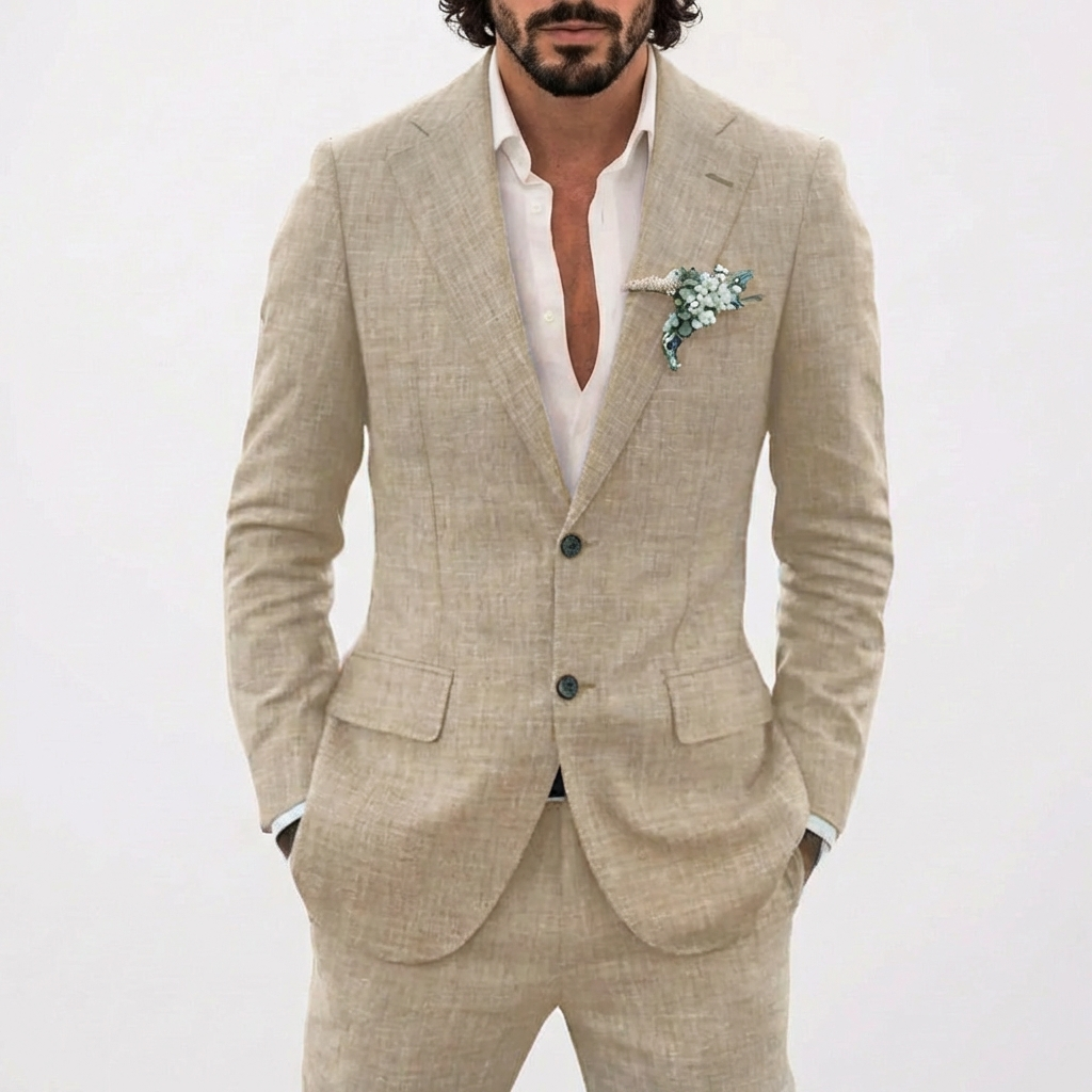 Costume deux pièces pour homme en lin avec blazer à boutonnage simple et revers