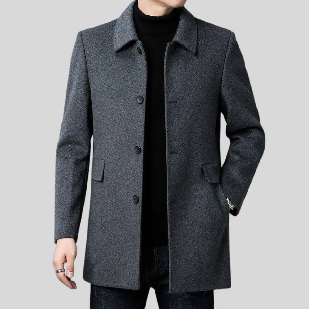 Herrefrakke til kontoret i uldblanding med figursyet snit, klassisk krave, knaplukning og elegant stil