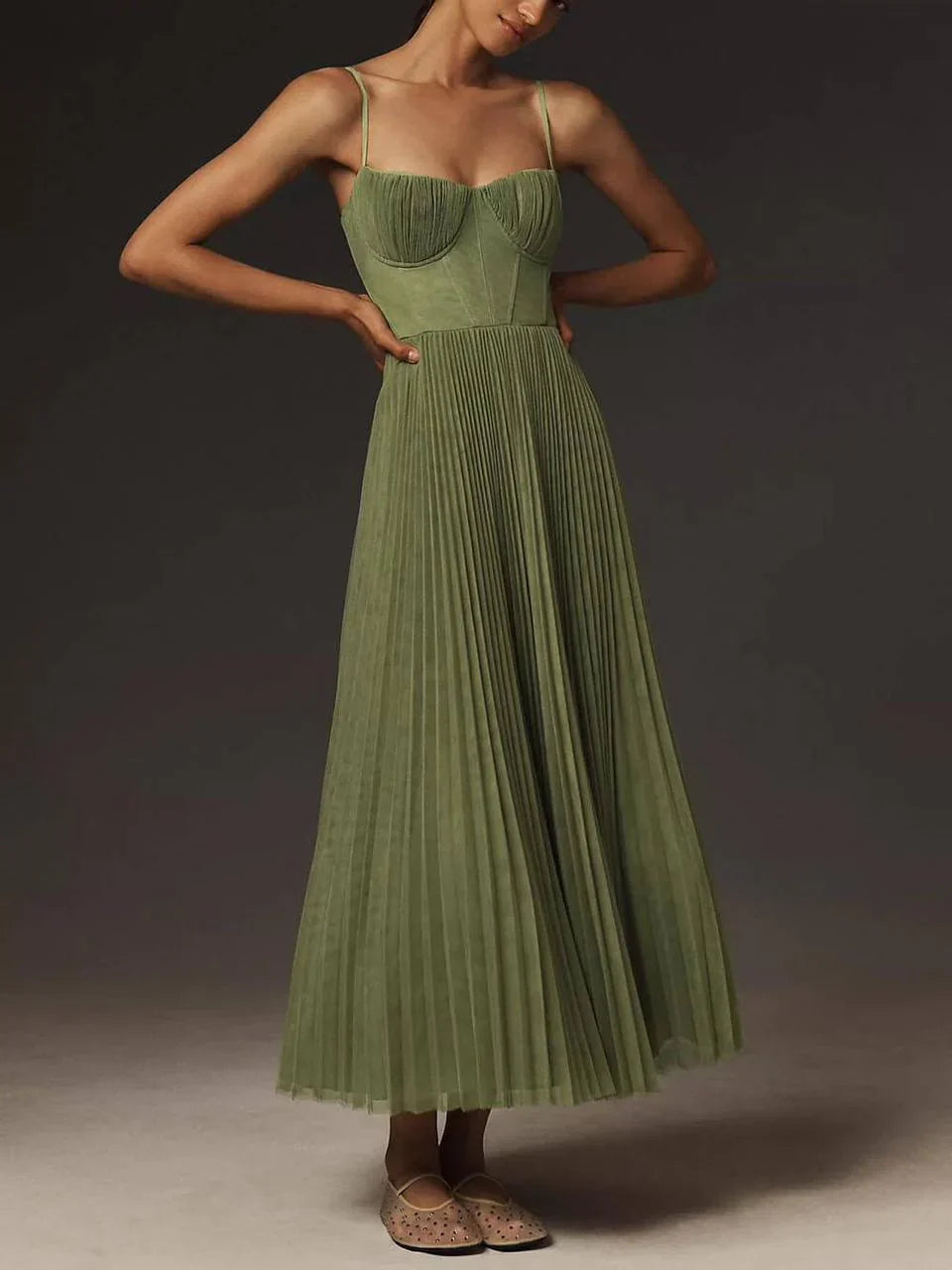 Robe Longue Plissée en Tulle avec Corset Bustier et Bretelles pour Femme