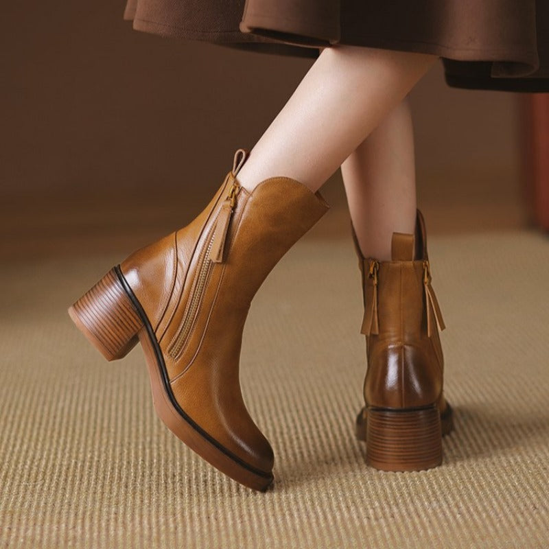 Women's Evening Heeled Ankle Boots Leather Metallic Zip Slip-Resistant Sole Comfort