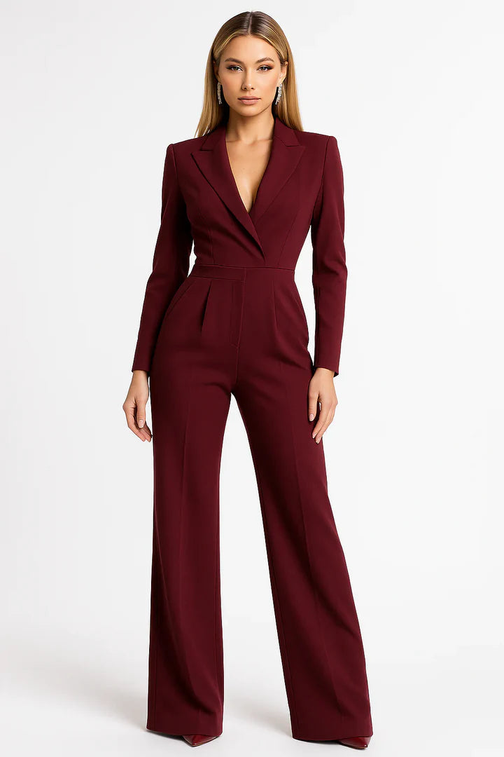 Salopetă Elegantă pentru Femei cu Pantalon Larg, Mâneci Lungi și Rever Crestat