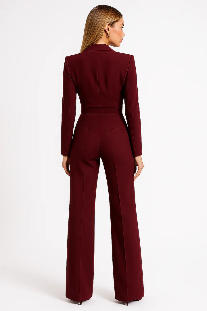 Salopetă Elegantă pentru Femei cu Pantalon Larg, Mâneci Lungi și Rever Crestat