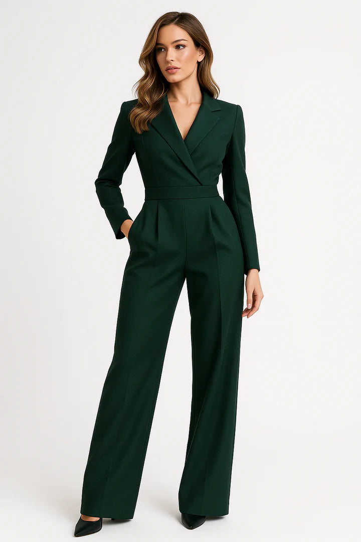 Salopetă Elegantă pentru Femei cu Pantalon Larg, Mâneci Lungi și Rever Crestat