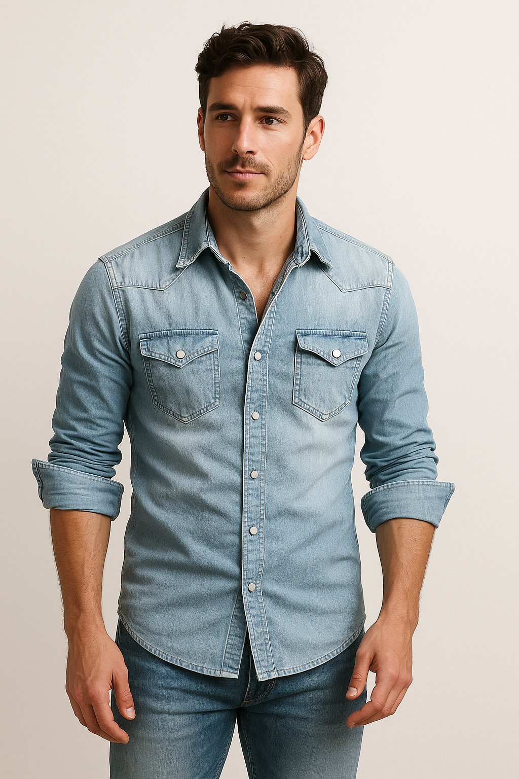 Chemise en jean à manches longues pour homme coupe ajustée avec poches poitrine