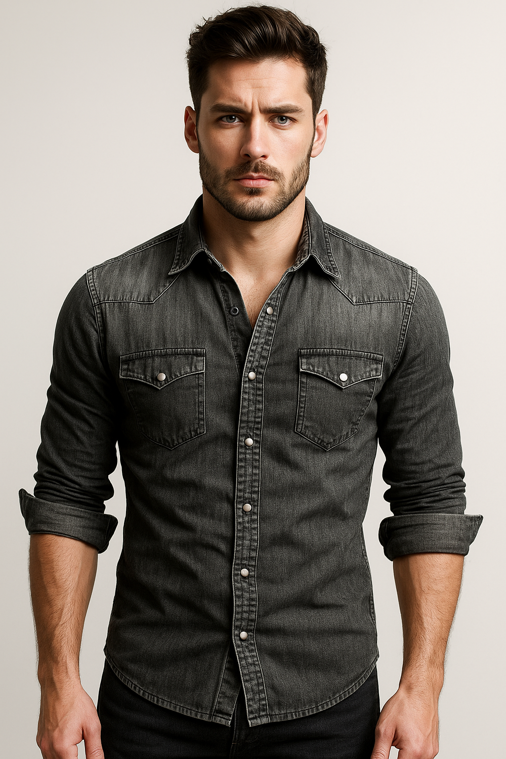 Chemise en jean à manches longues pour homme coupe ajustée avec poches poitrine