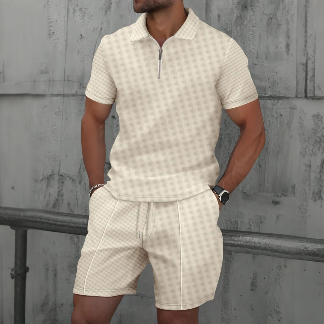 Ensemble d'été gaufré pour homme avec polo zippé et short à cordon de serrage
