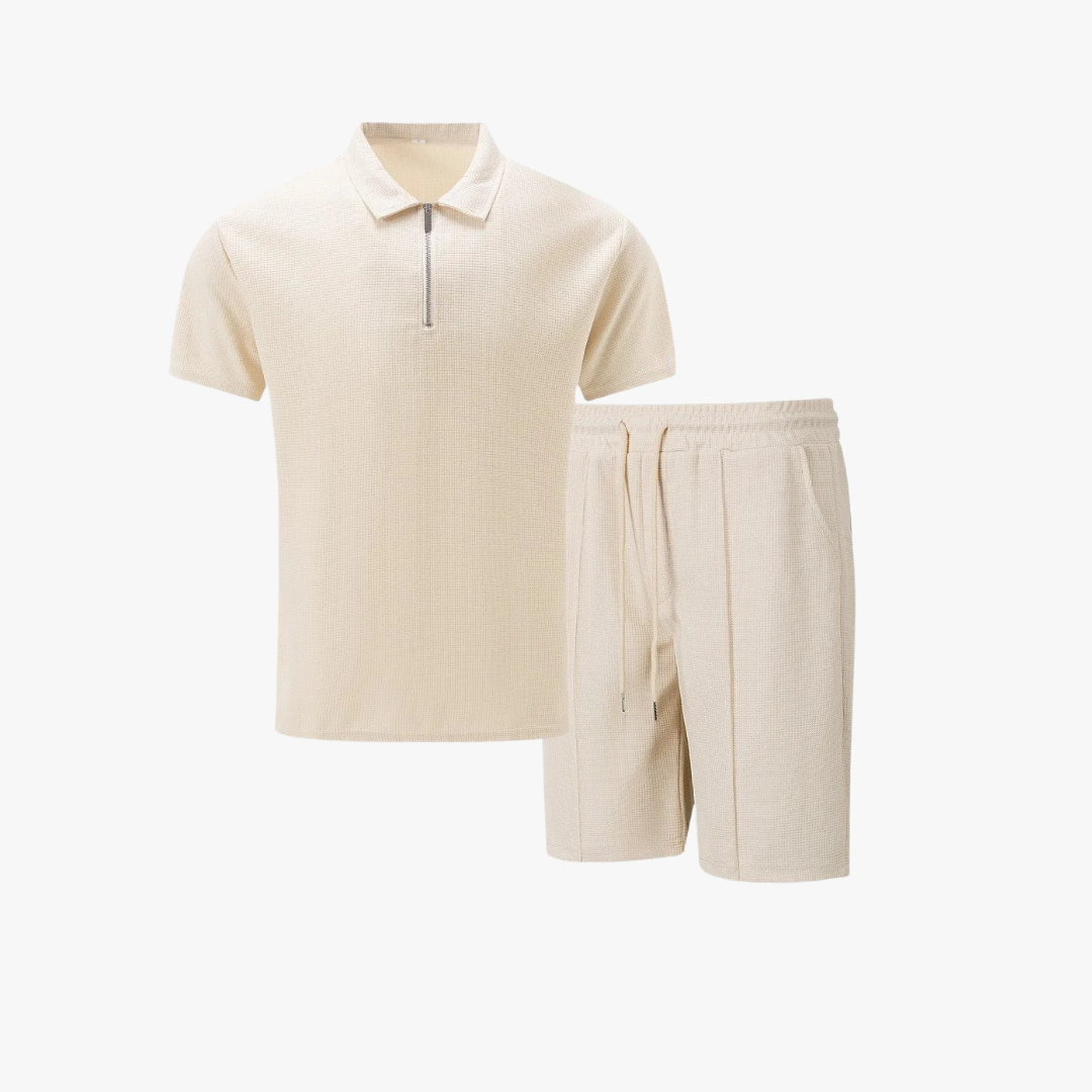 Ensemble d'été gaufré pour homme avec polo zippé et short à cordon de serrage