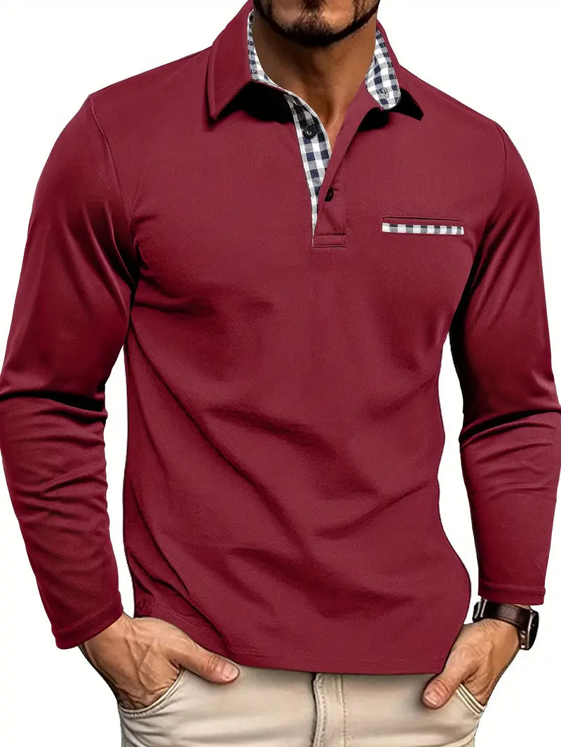 Men's long-sleeve polo with spread collar and breathable check pattern