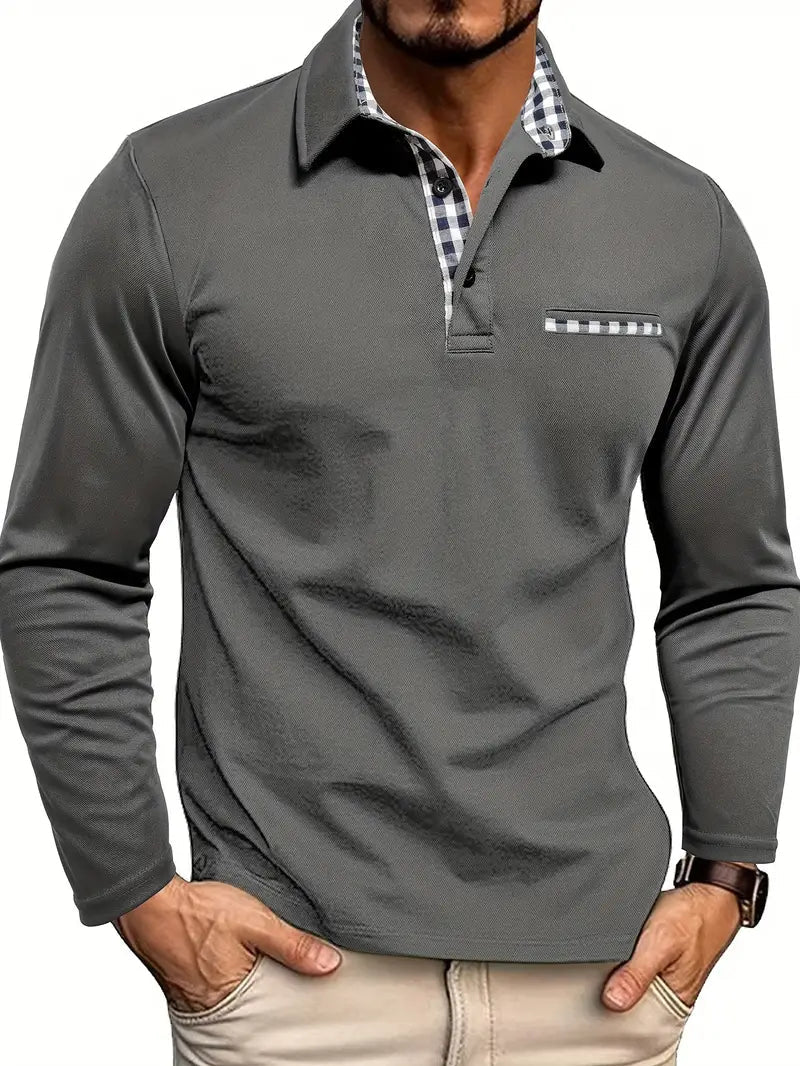Men's long-sleeve polo with spread collar and breathable check pattern