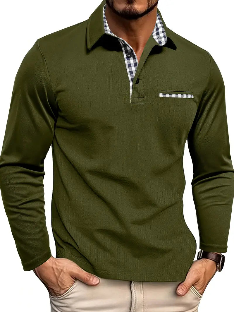 Men's long-sleeve polo with spread collar and breathable check pattern