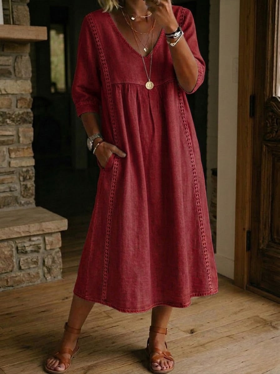 Vestido midi feminino decote V corte fluido casual