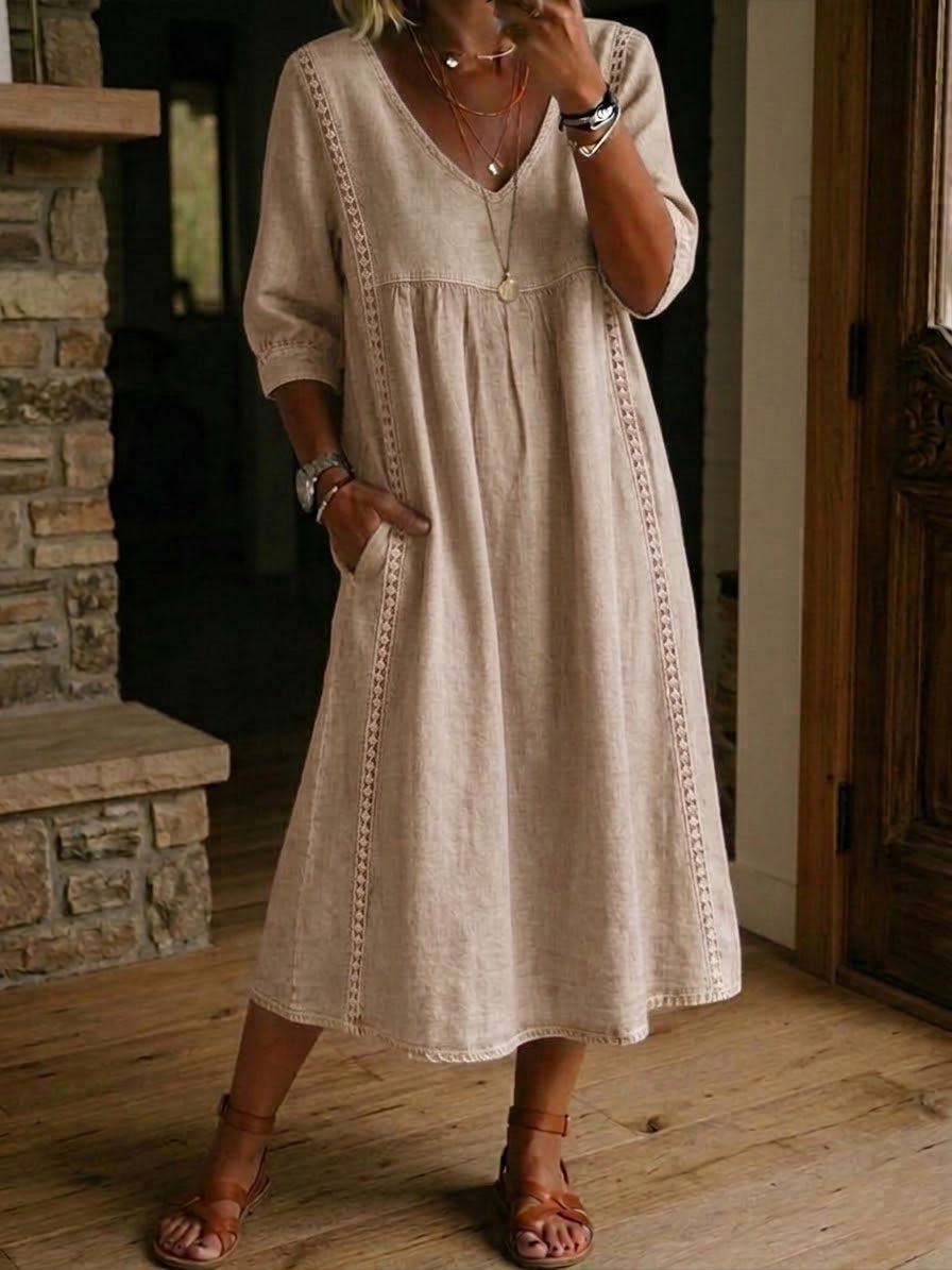 Vestido midi feminino decote V corte fluido casual