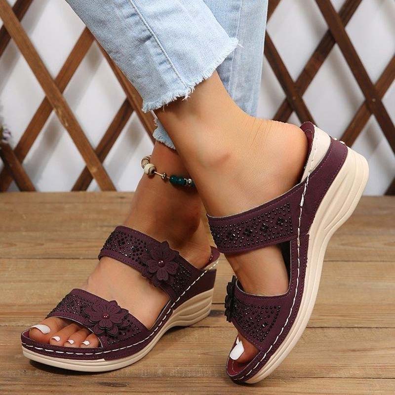Sandali con zeppa da donna zoccoli retrò in similpelle floreale