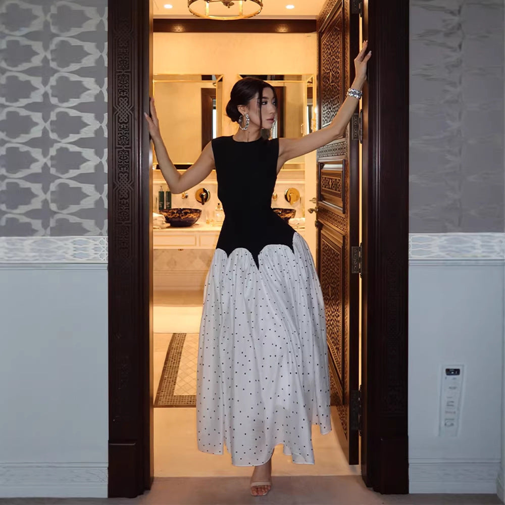 Long Polka Dot Cocktail Dress with Fitted Bodice and Round Neckline