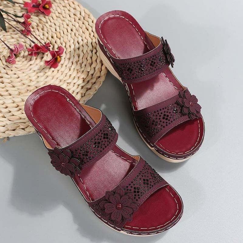 Sandali con zeppa da donna zoccoli retrò in similpelle floreale