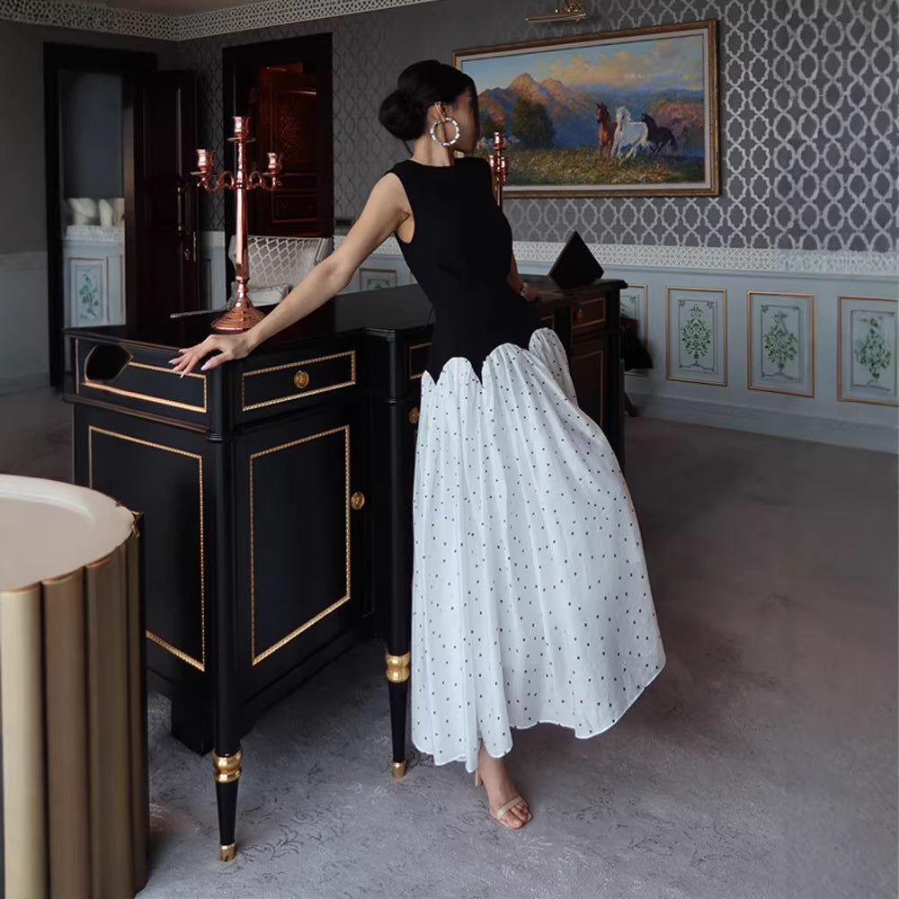 Long Polka Dot Cocktail Dress with Fitted Bodice and Round Neckline