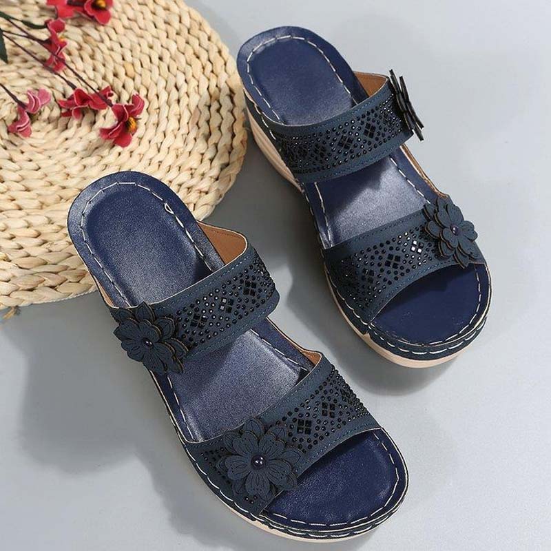 Sandali con zeppa da donna zoccoli retrò in similpelle floreale