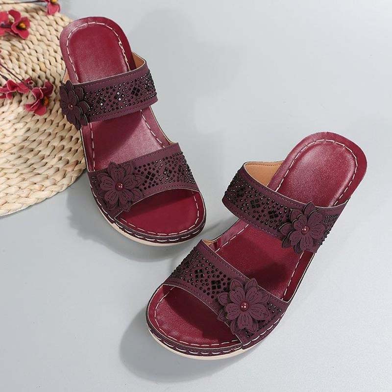 Sandali con zeppa da donna zoccoli retrò in similpelle floreale
