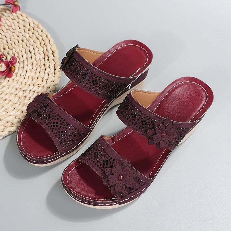 Sandali con zeppa da donna zoccoli retrò in similpelle floreale