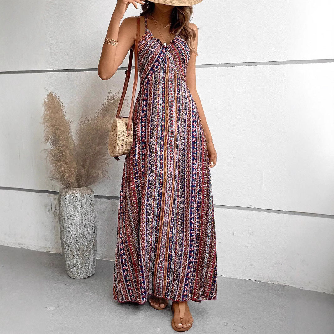 Robe Longue à Imprimé Rétro Coupe Ajustée avec Encolure Halter et Taille Empire