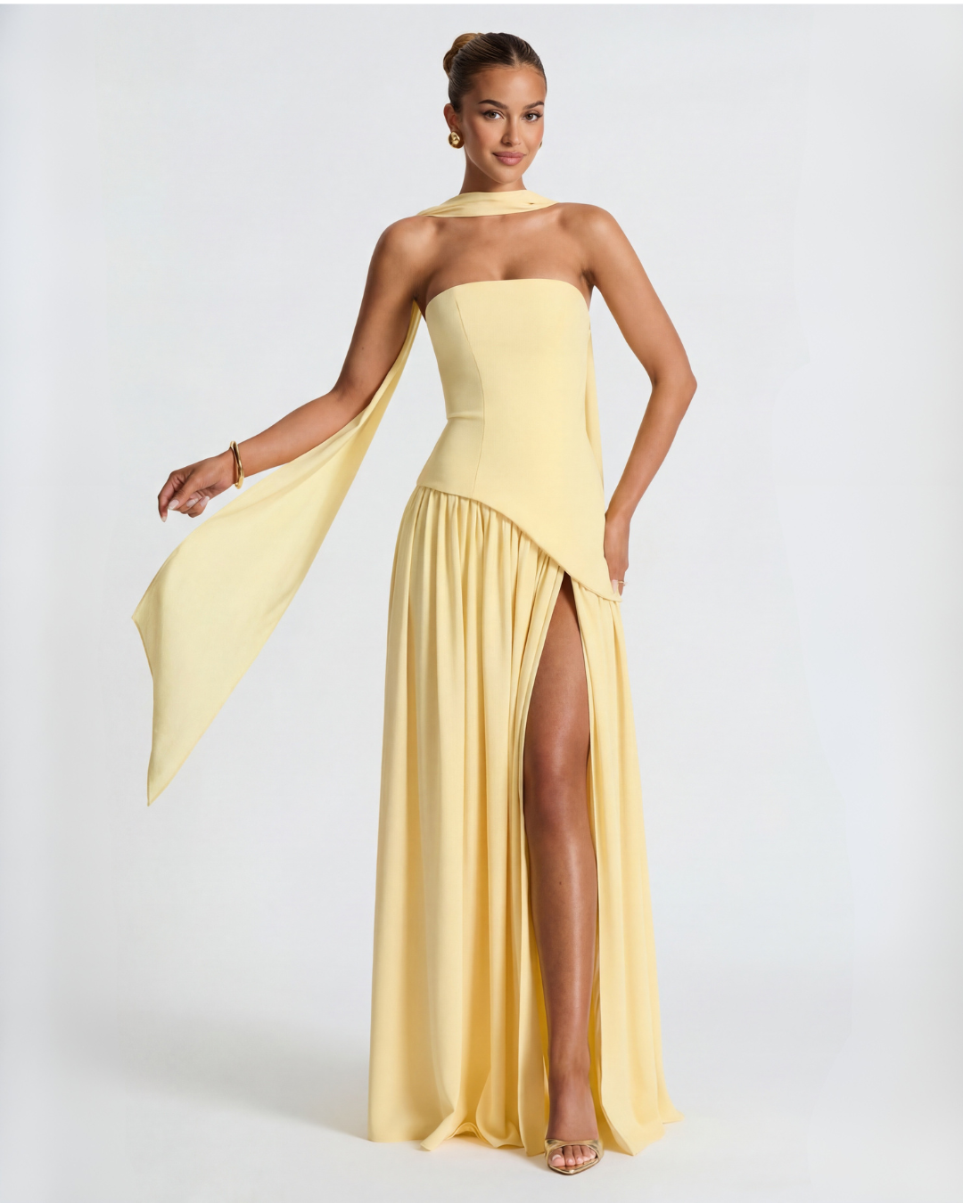 Long women's dress — strapless bustier and draped neckline | evening outfit